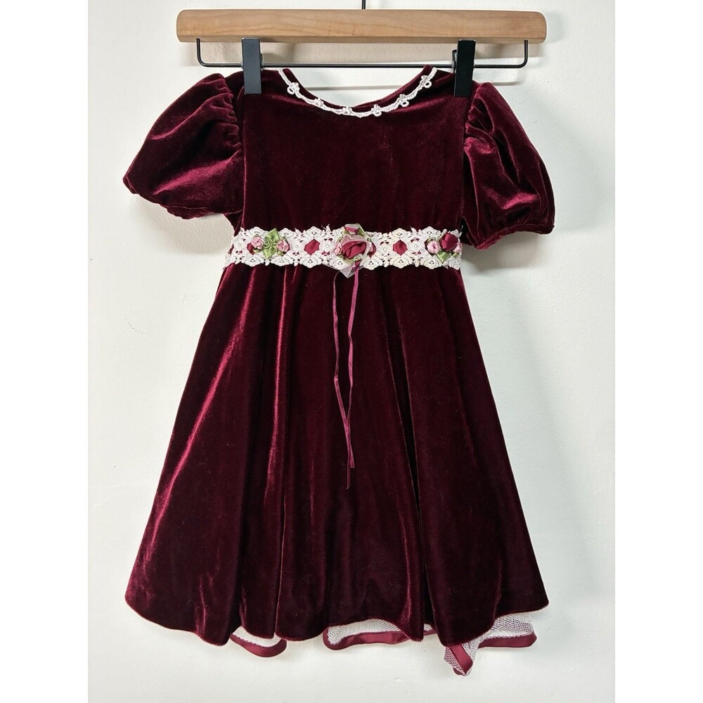 Rare Editions Girls Dress 2T Burgundy Velvet Empire Waist Formal Holiday Floral